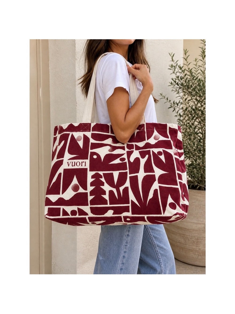 Vuori Maroon & Cream Geometric Canvas Tote